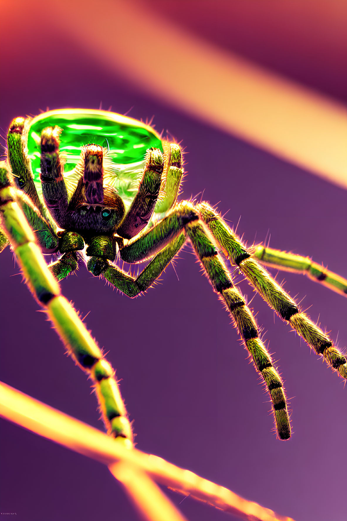 Close-up image of green spider with spiky hairs on legs on twigs under purple light