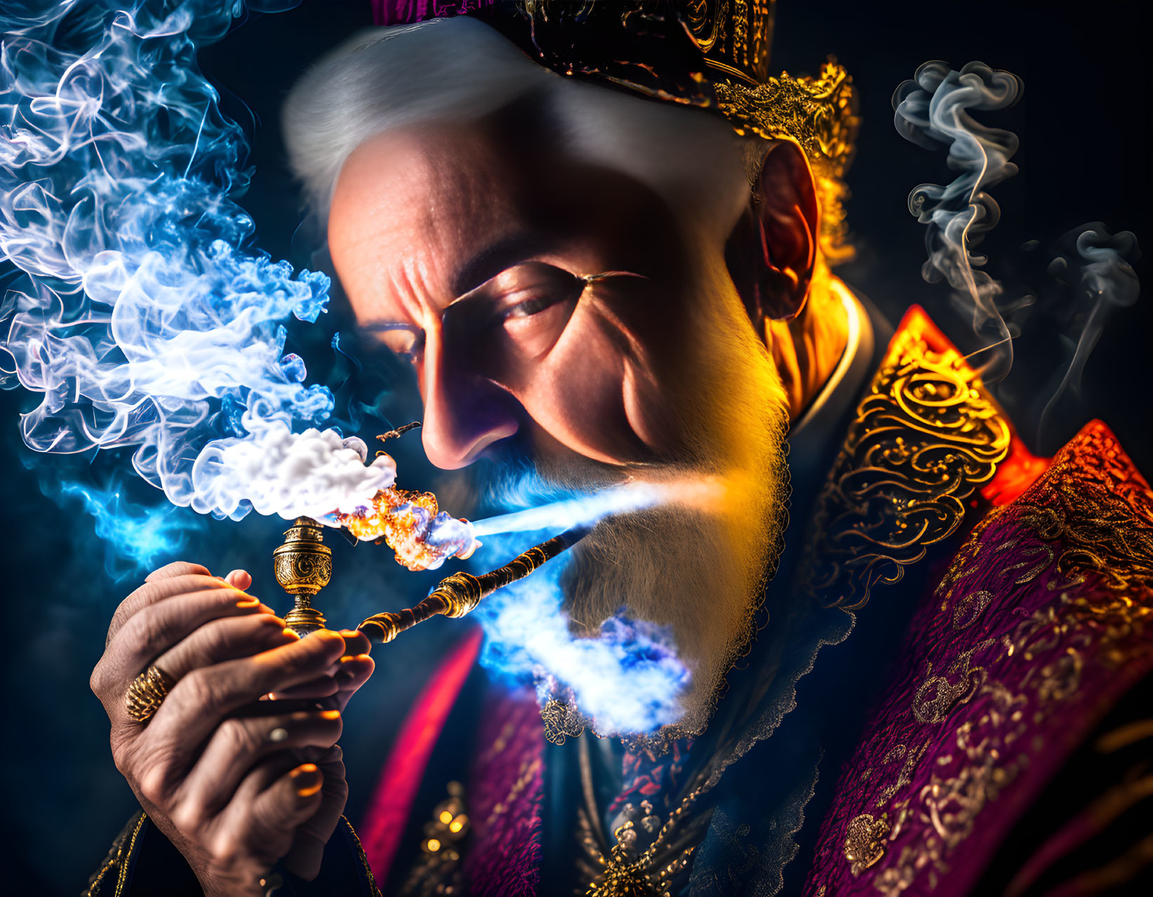 Regal elderly figure in ornate robe smoking a pipe on dark background