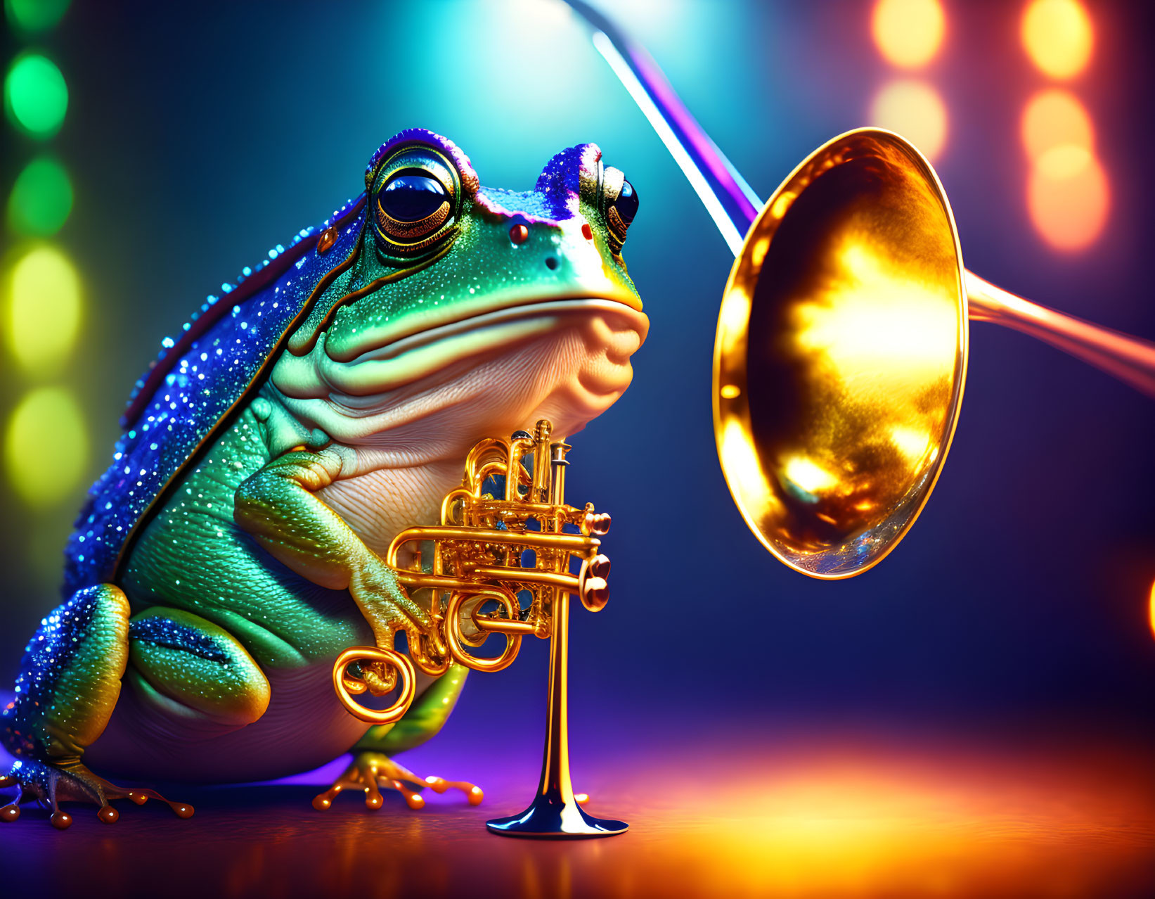 Vibrant tree frog with trumpet on colorful backdrop