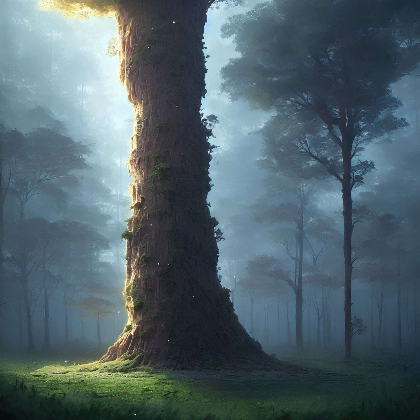 Majestic towering tree in tranquil forest with sunlight filtering through branches