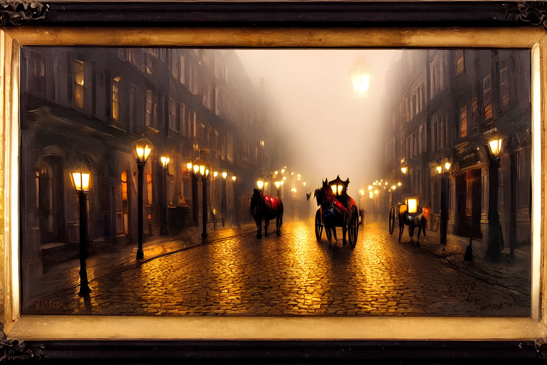 Vintage street scene with horses, carriage, and street lamps on cobblestones in misty ambiance.