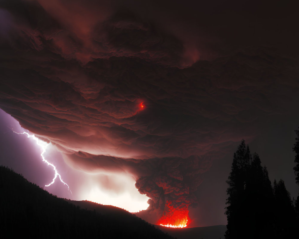 Wildfire Night Scene: Lightning, Red Glow, Smoke Clouds in Forest