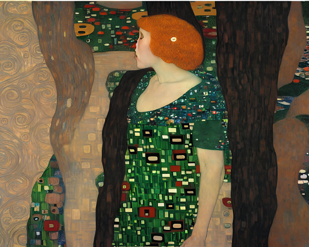 Red-haired woman in abstract forest with Klimt-style details