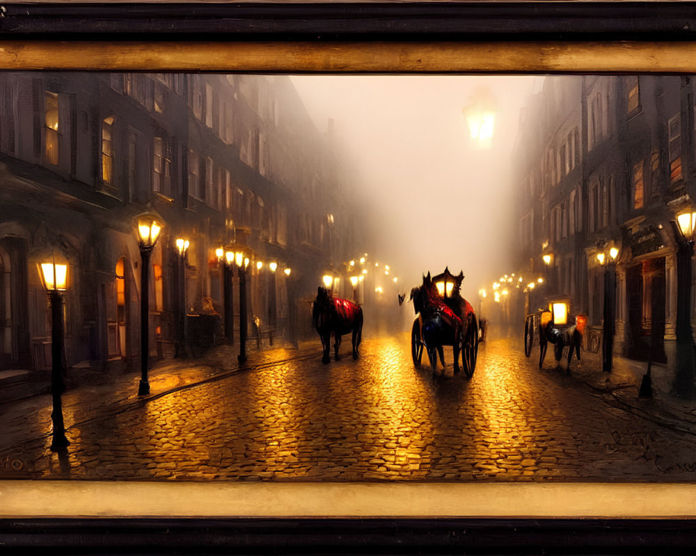 Vintage street scene with horses, carriage, and street lamps on cobblestones in misty ambiance.