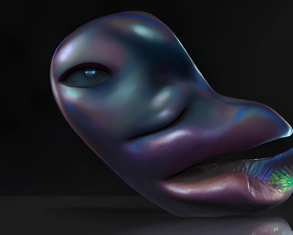 Surreal metallic sculpture of distorted human-like face