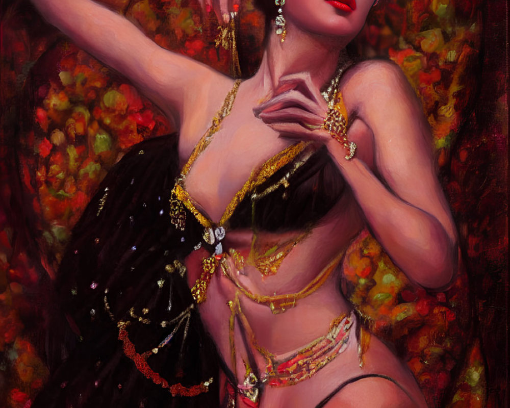 Dark-haired woman with red flower, golden jewelry, and black shawl against floral backdrop