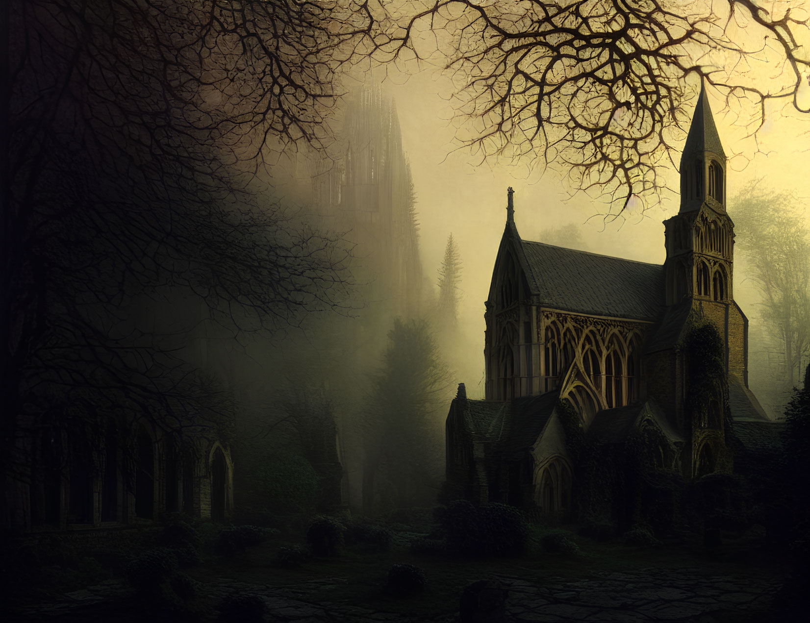 Gothic cathedral in misty twilight among bare trees