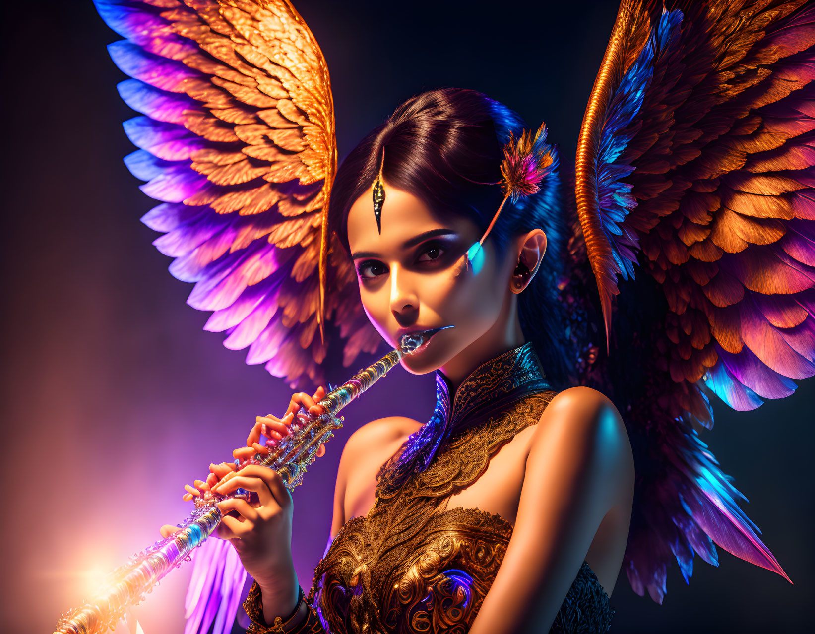 Person with intricate makeup and majestic wings playing flute on dark gradient background