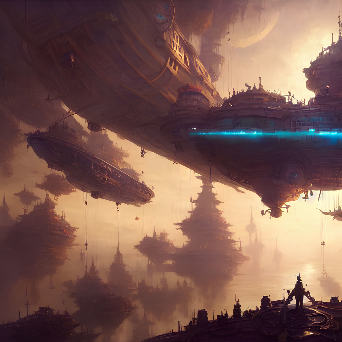 Futuristic cityscape with floating ships in golden light and fog