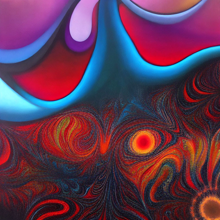 Colorful Abstract Painting with Swirling Patterns and Contrasting Textures