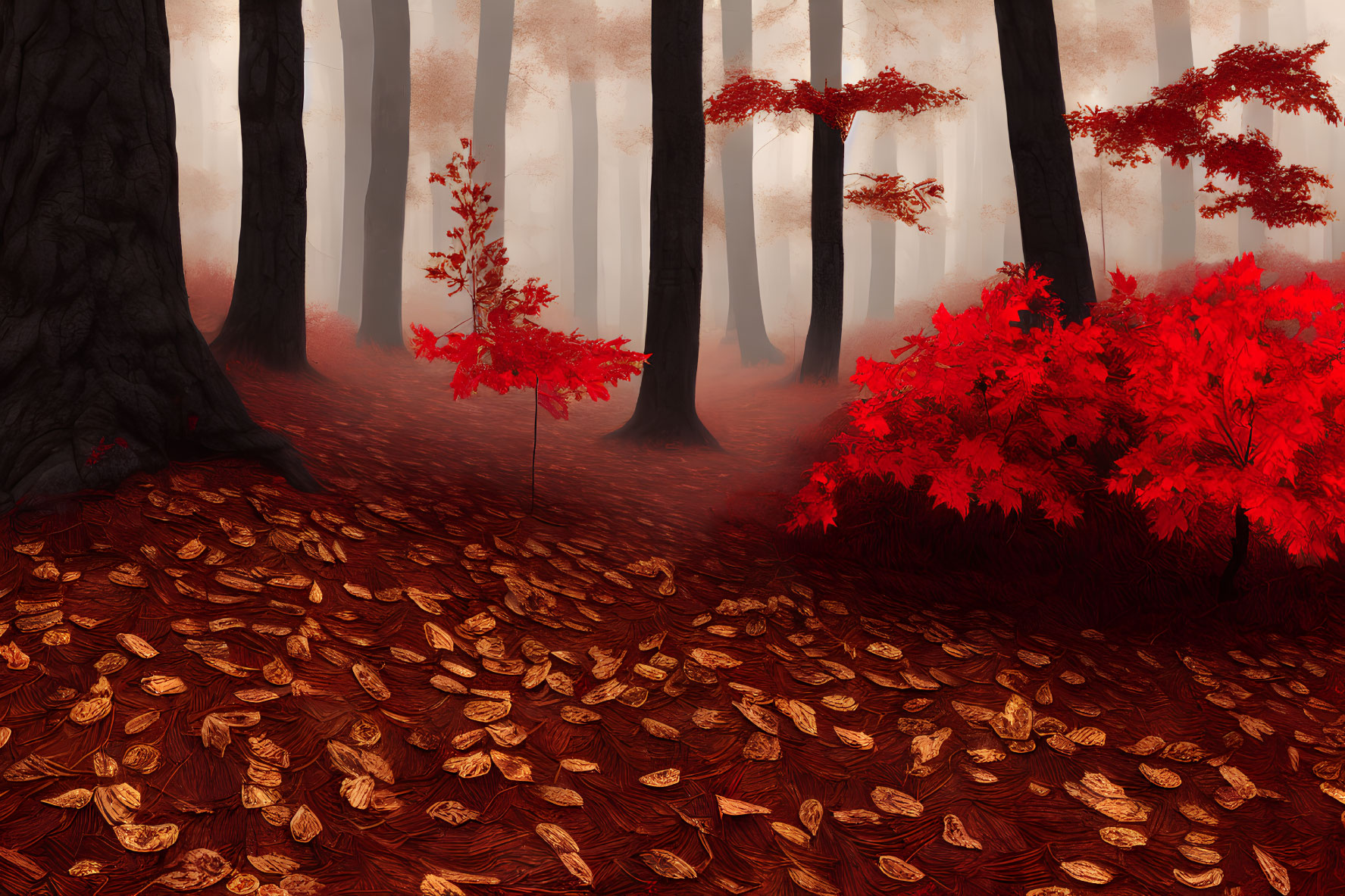 Vibrant red leaves and fog in mystical autumn forest