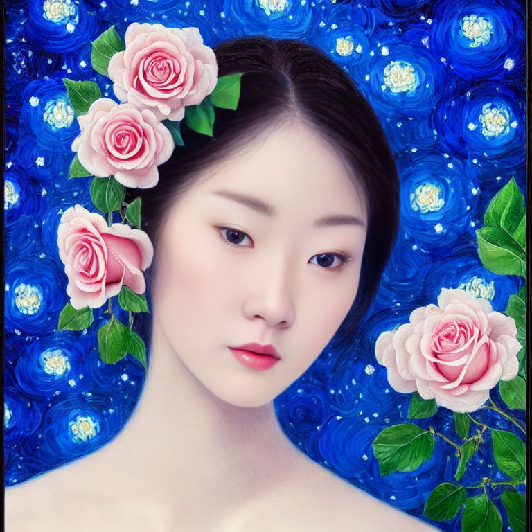 Serene woman portrait with blue patterns and pink roses