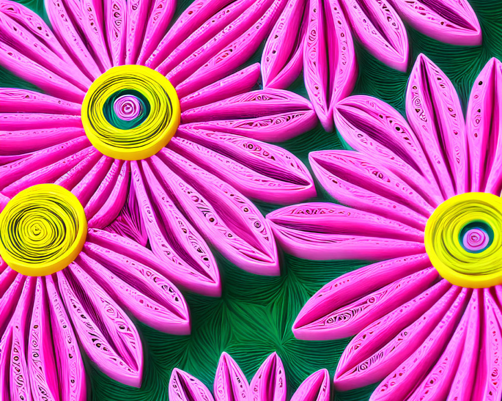 Pink Paper Quilled Flowers on Textured Green Background