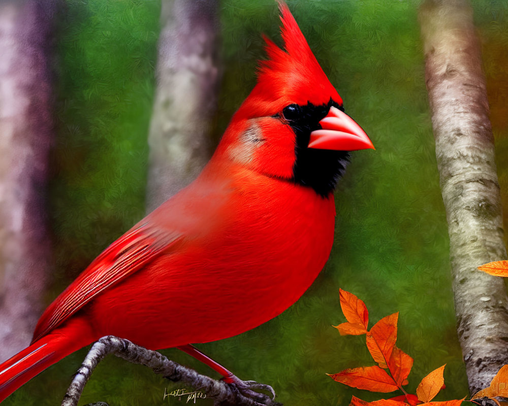 Red Cardinal Bird Perched on Branch with Greenery Background