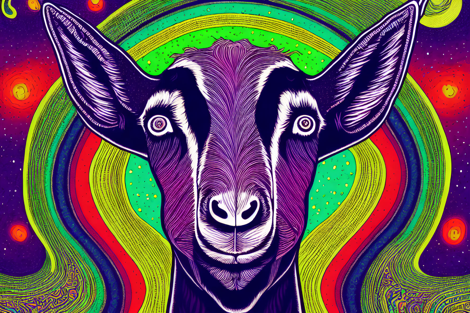 Colorful Psychedelic Goat Head Illustration with Cosmic Background