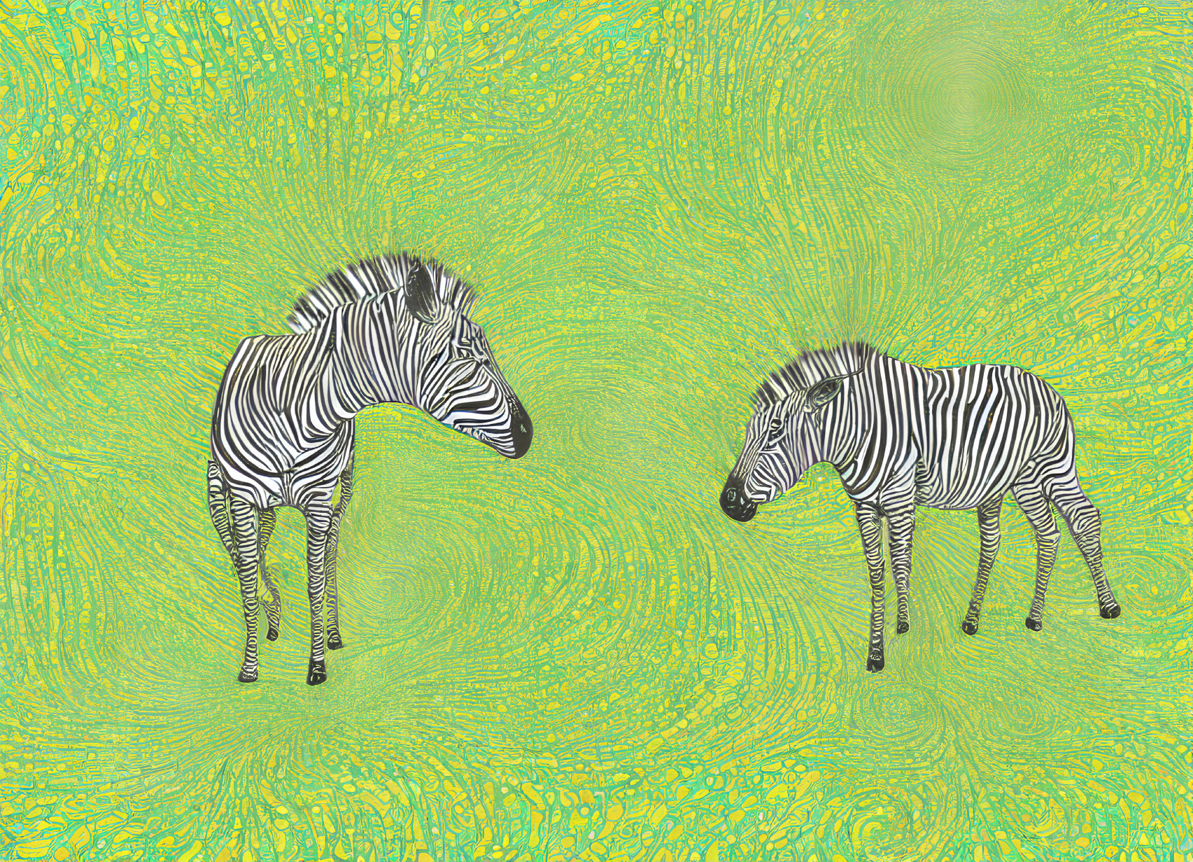 Illustrated Zebras with Black and White Stripes on Yellow and Green Swirly Background