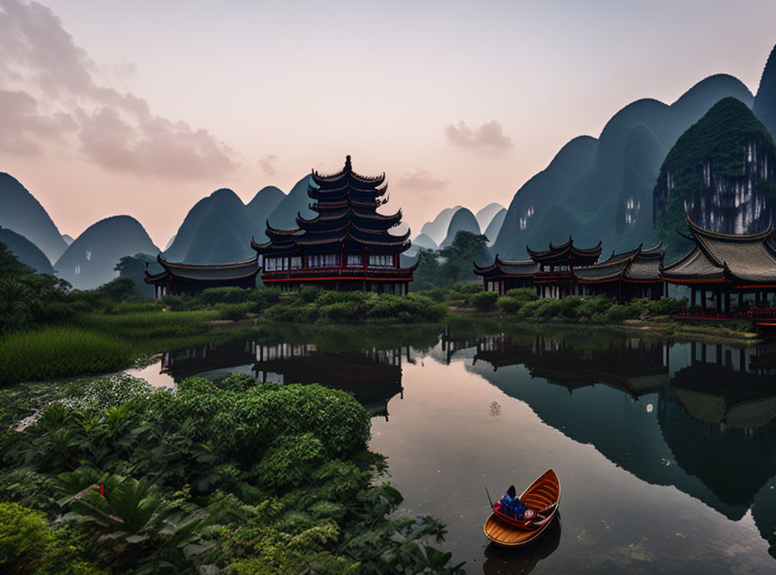 Traditional Chinese Pagoda and Pavilions by Calm Lake with Boat and Mountains at Dusk