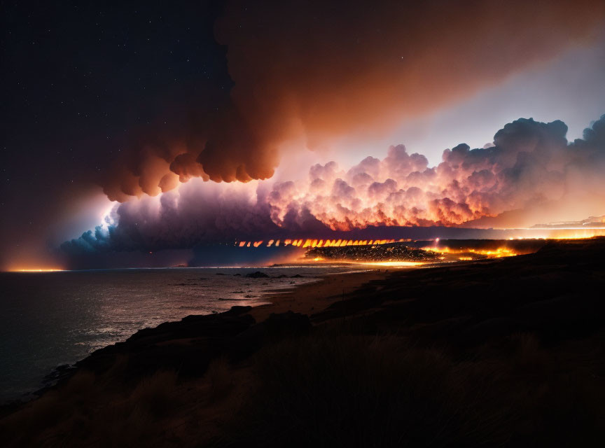 Fiery orange glow in dramatic night sky near coastline