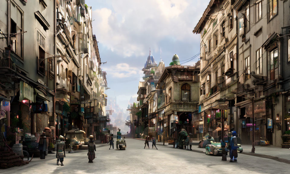 Historic urban street scene with pedestrians and greenery in background skyline