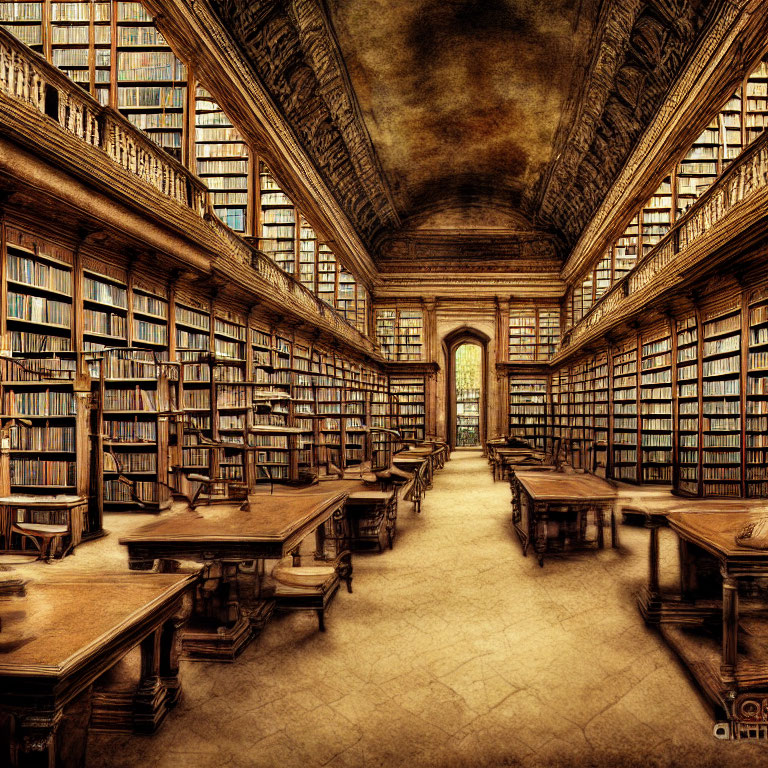Historic library with wooden bookshelves and ceiling fresco