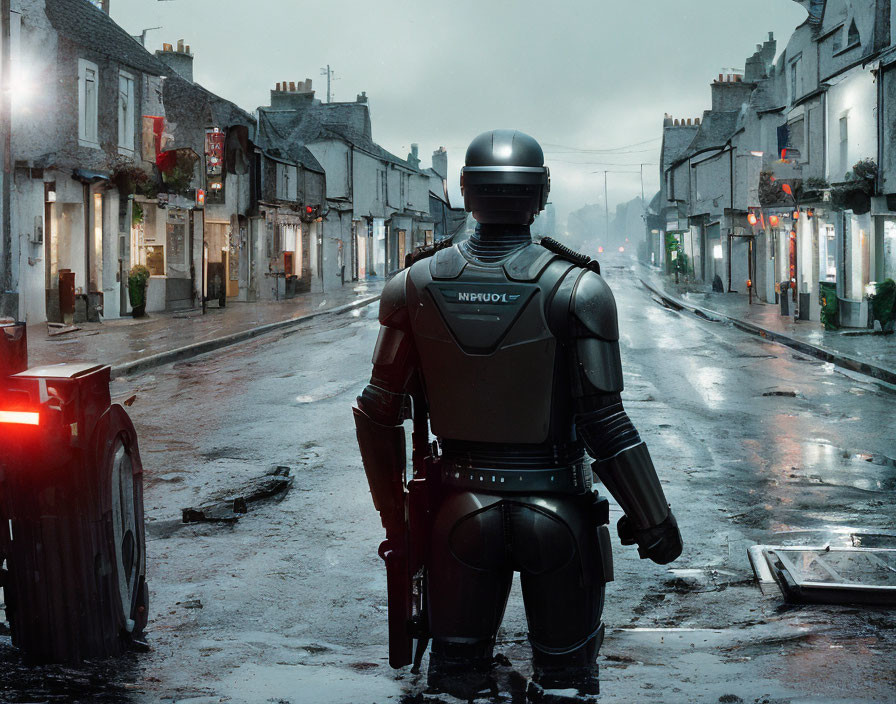 Futuristic robot with glowing red eye in rainy old town street