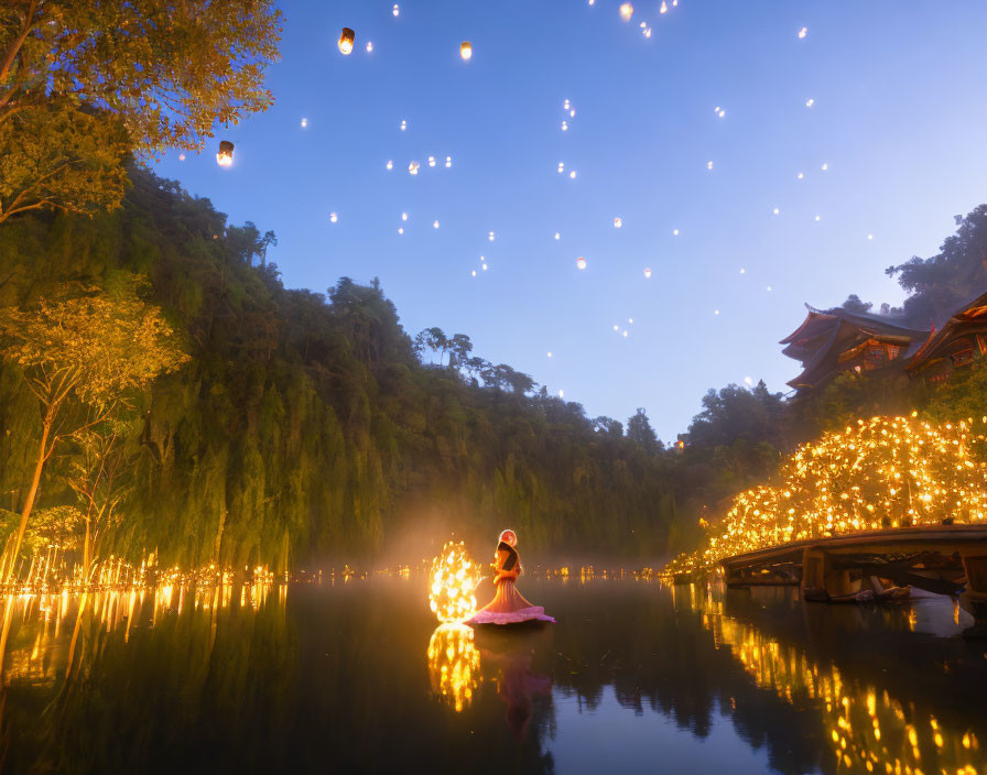 Tranquil riverboat scene with lanterns and tree-lined riverbank