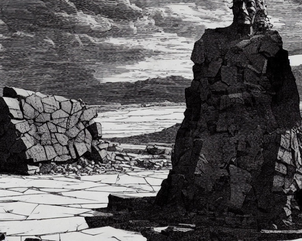 Monochrome illustration of colossal stone figure in rocky terrain under dramatic sky