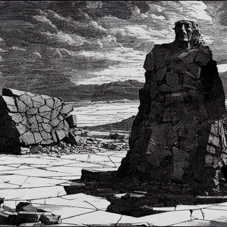 Monochrome illustration of colossal stone figure in rocky terrain under dramatic sky