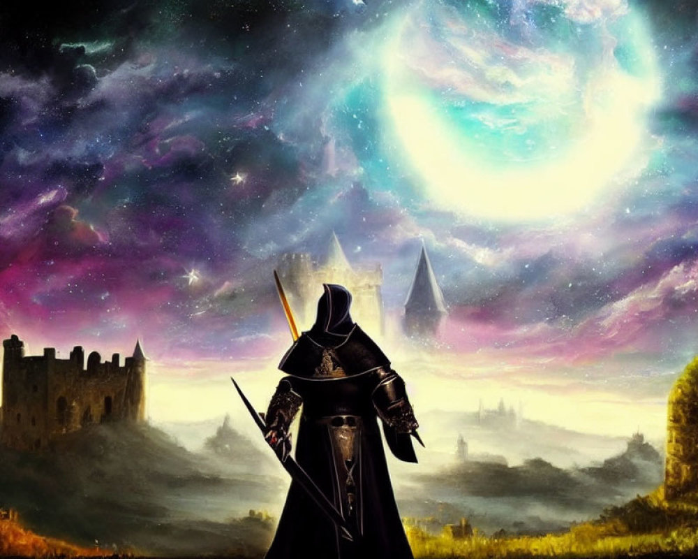 Cloaked figure with sword gazes at cosmic swirl over ancient ruins