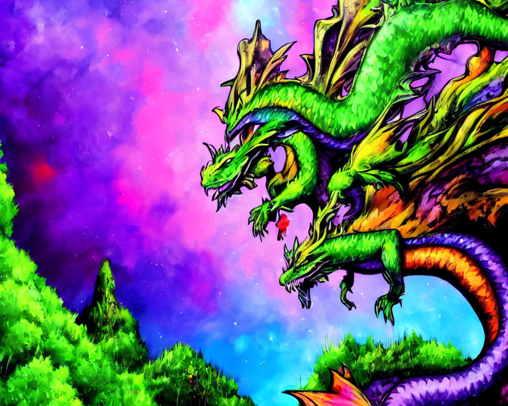 Colorful Three-Headed Dragon Artwork Above Forest and Nebula Sky