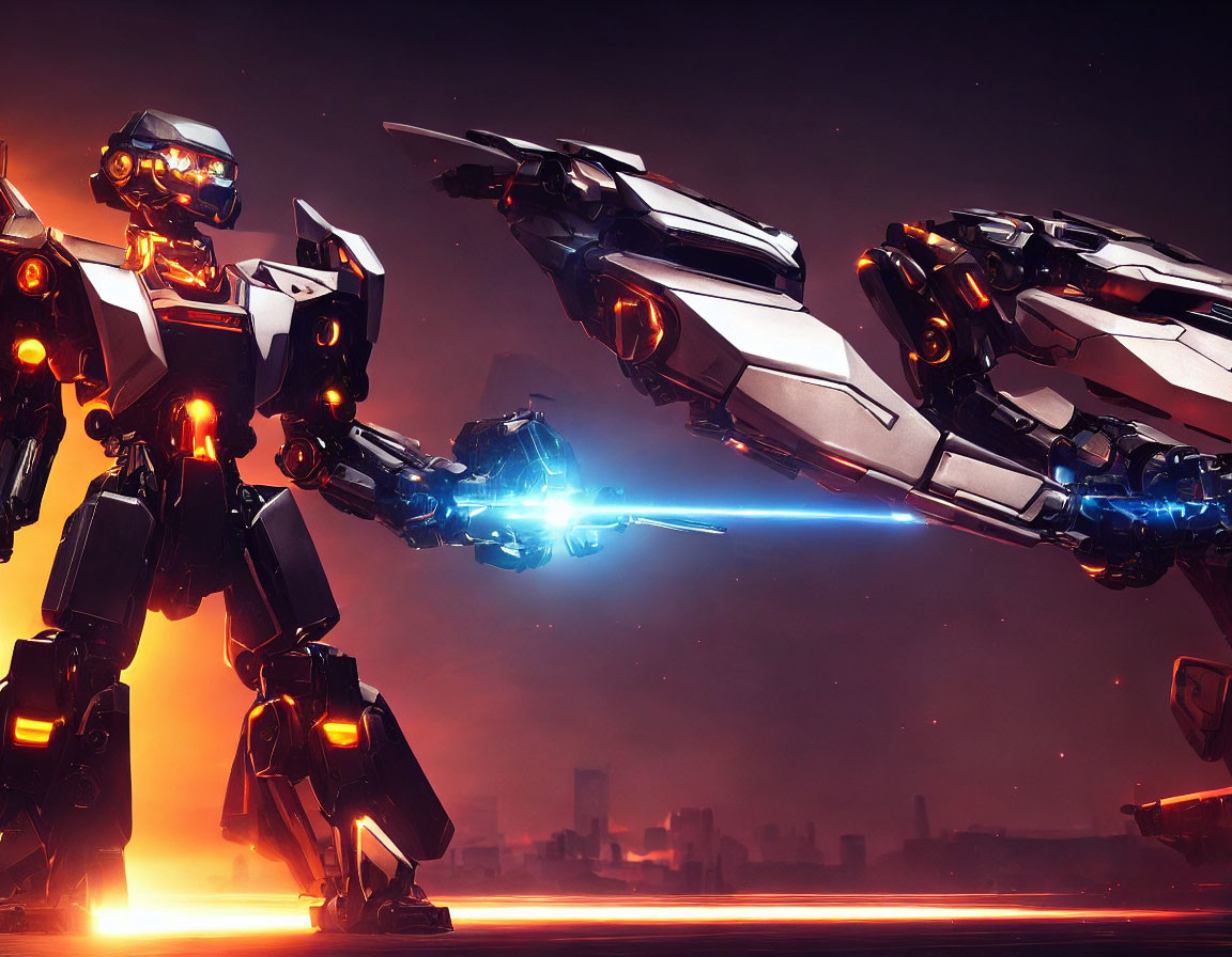 Futuristic humanoid and aircraft robots in glowing cityscape