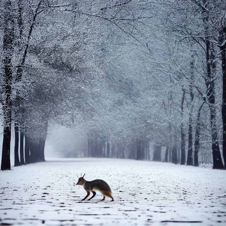 Kangaroo in Snowy Winter Landscape with Frosty Trees