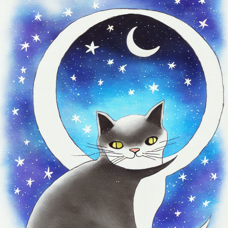 Gray Cat Illustration with Yellow Eyes and Crescent Moon on Starry Sky
