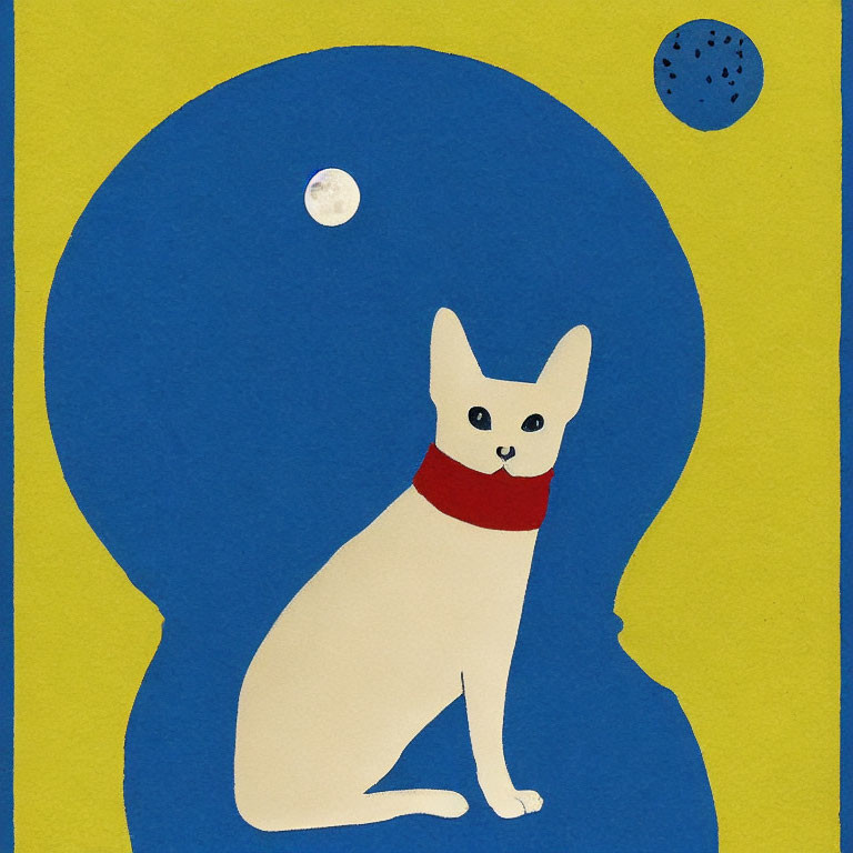 White Cat with Red Scarf on Yellow Background Framed by Blue Silhouette