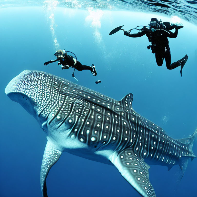 Underwater scene: Scuba divers near massive whale shark