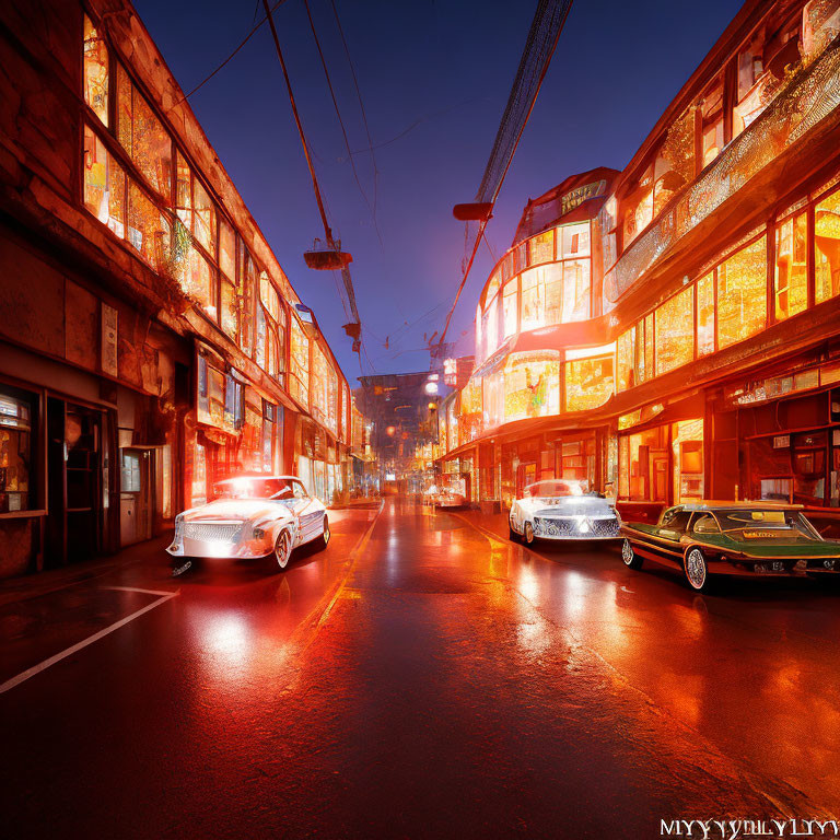 City street at dusk: illuminated storefronts, vintage cars, neon signs, deep blue sky.