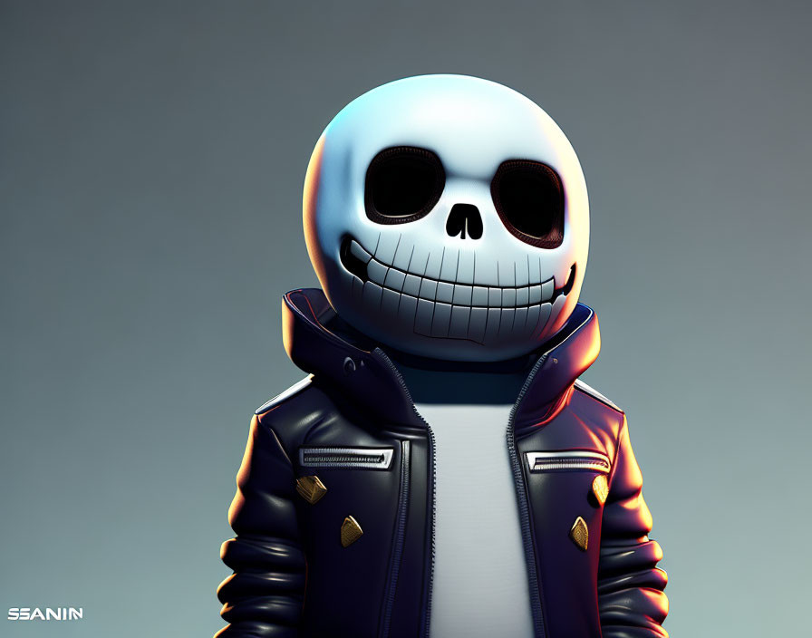 Smiling skeleton character in black jacket with gold accents