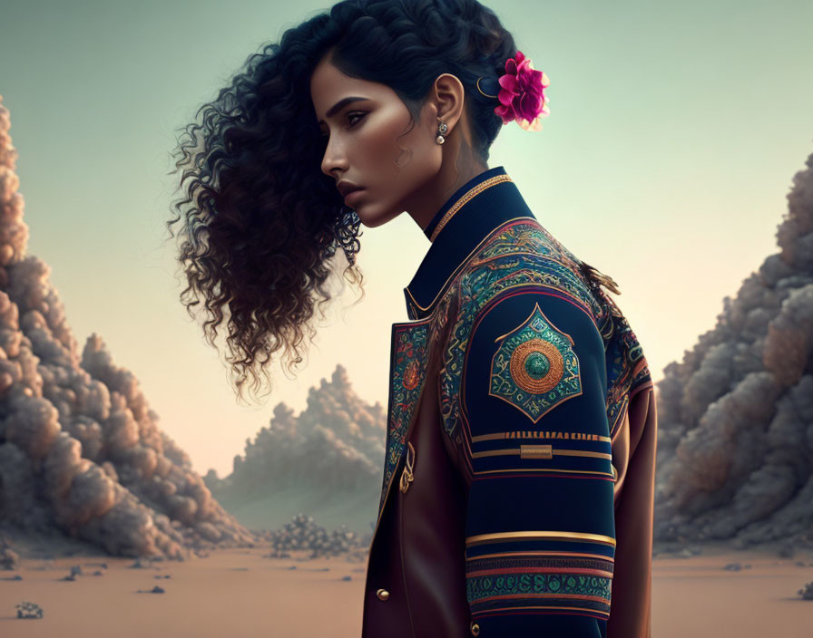 Curly-haired woman in embroidered jacket in surreal landscape.