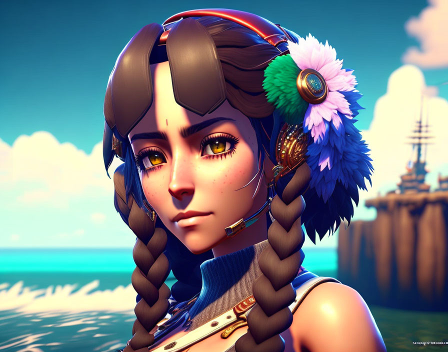 Female character with braided hair adorned with feathers and beads, gazing against coastal background.