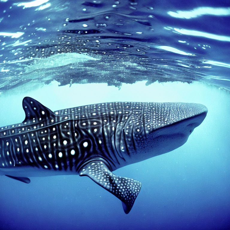 Giant whale shark with dotted body underwater.