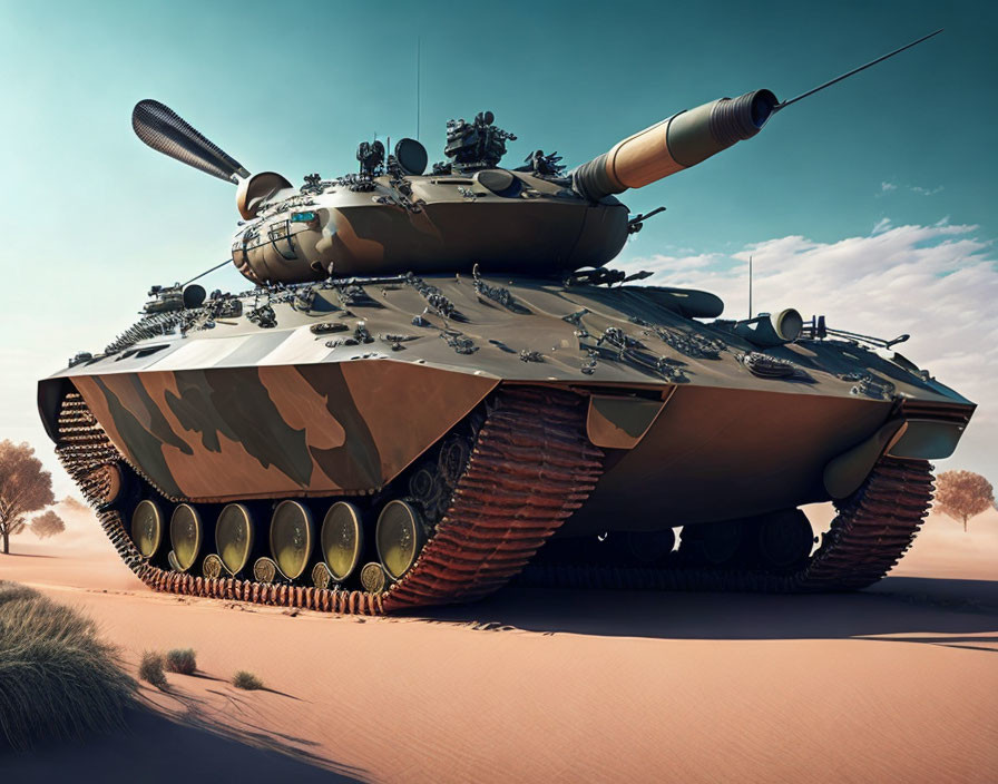 Futuristic hovercraft tank with large gun in desert landscape