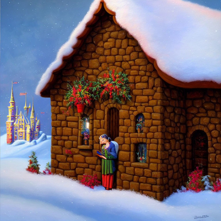 Illustrated winter scene with couple embracing near snow-covered cottage and festive castle.