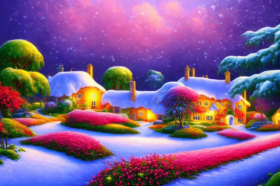 Colorful Digital Artwork: Magical Winter Village with Snow-Covered Cottages
