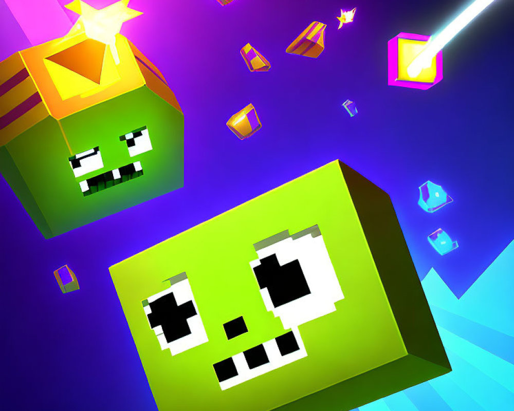 Vibrant 3D cubes with character faces on colorful backdrop