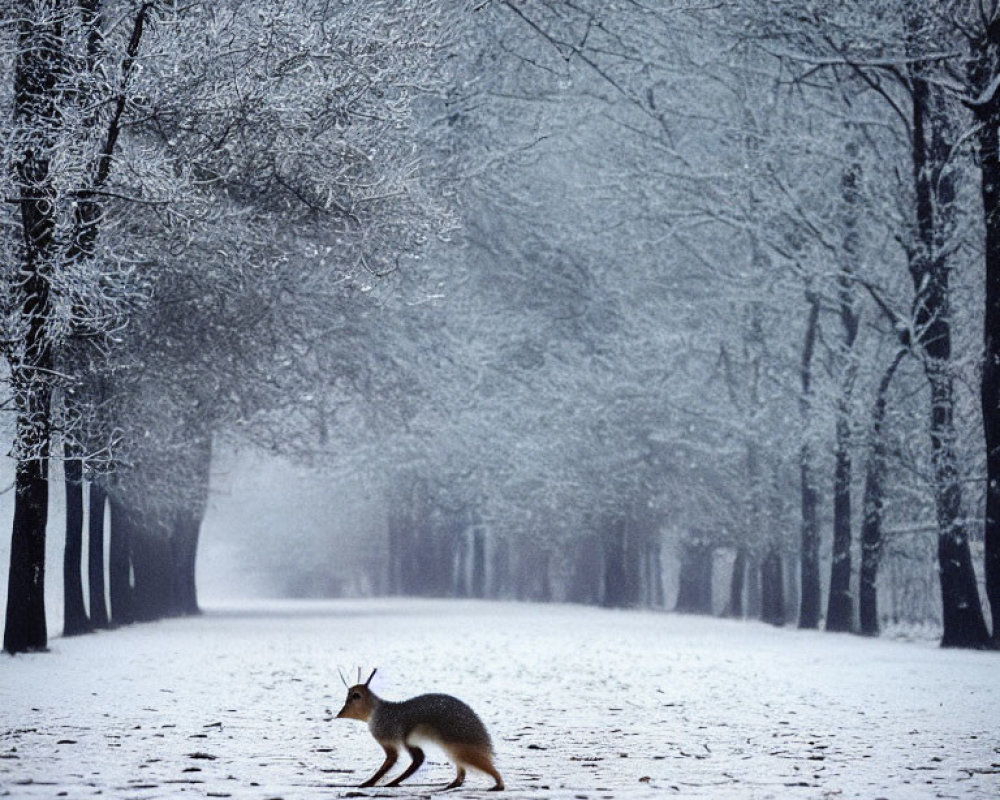 Kangaroo in Snowy Winter Landscape with Frosty Trees