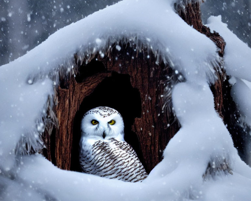 Snowy owl in snow-covered tree hollow during snowfall