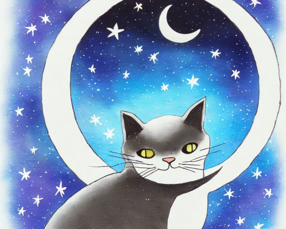 Gray Cat Illustration with Yellow Eyes and Crescent Moon on Starry Sky