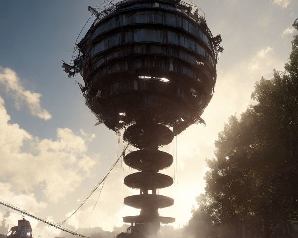 Futuristic spherical building on central pillar with cables in sunlit haze