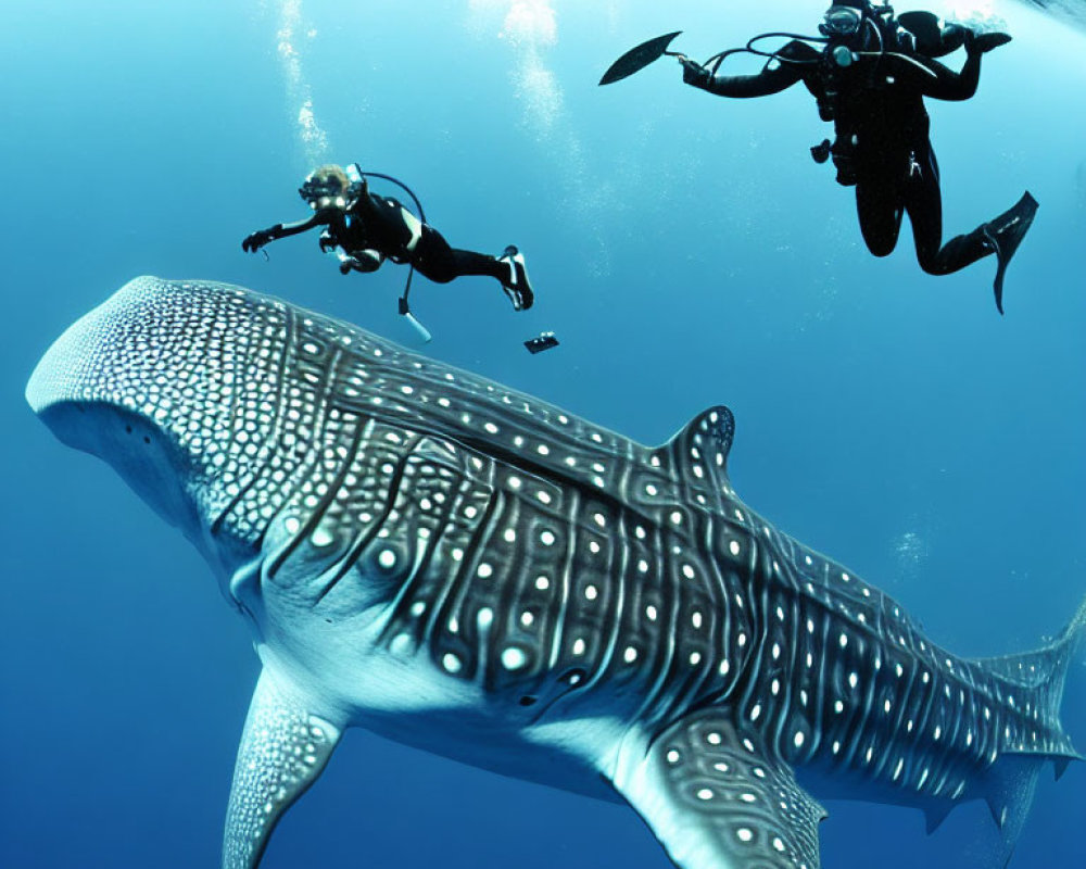 Underwater scene: Scuba divers near massive whale shark