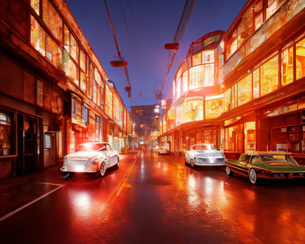 City street at dusk: illuminated storefronts, vintage cars, neon signs, deep blue sky.